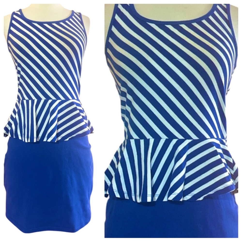 1980’s Knit Bodycon Peplum Mini Summer Dress in‎ Blue &  White, 80’s! M or L